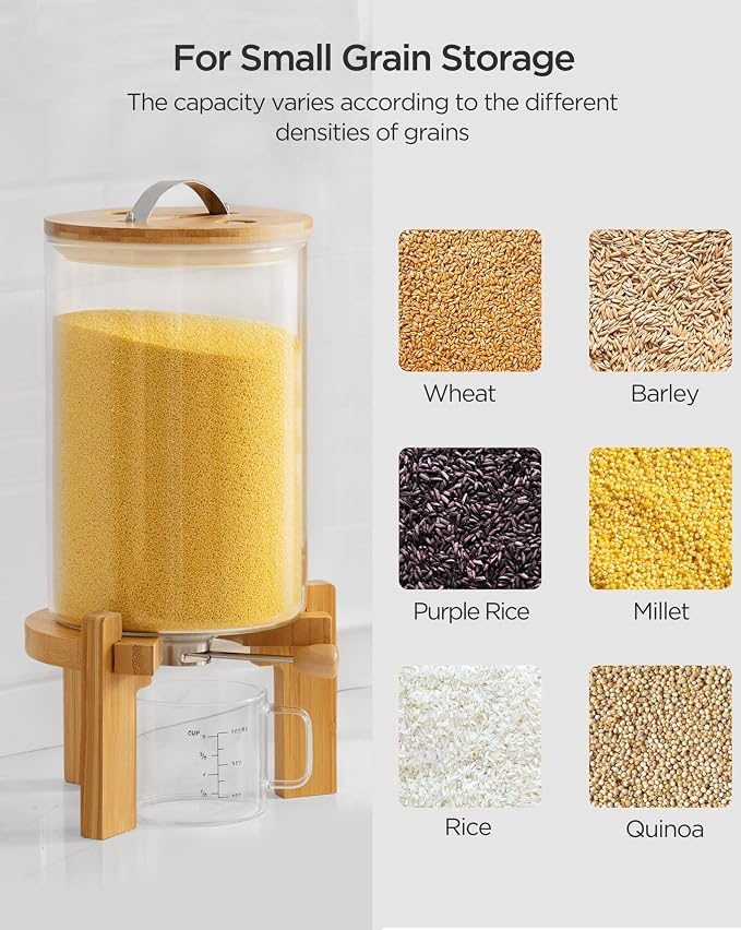 HBlife 14-16 Lbs Glass Rice Dispenser with Wooden Stand Flour and Cereal Container with Glass Measuring Cup Pantry Food Organization Storage Bin with Airtight Bamboo Lid, 8L
