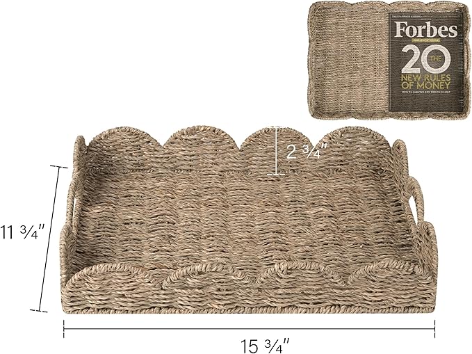 StorageWorks Rectangle Wicker Scalloped Tray, Rattan Serving Trays with Handles, Seagrass Basket for Decorative & Organizing, 15.75" L x 11.5" W x 2.75" H