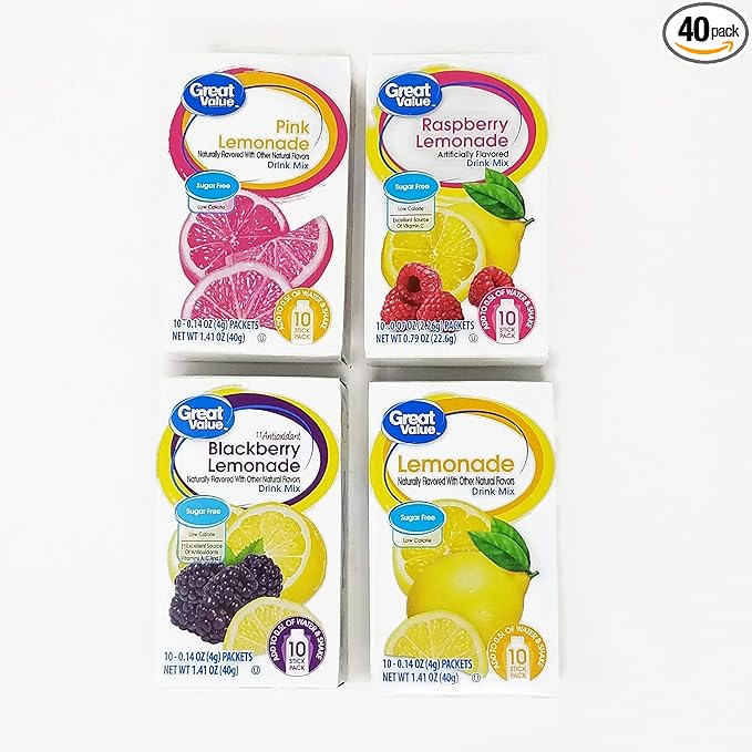 Great Value Low Calorie Sugar-Free Drink Mixes Variety Fruit Flavor (Lemonade Variety, 4-Pack)