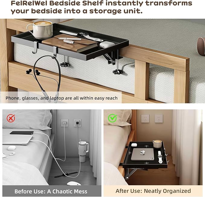 Foldable Bedside Shelf, Extra Large Floating Tray Table for Dorm Room & Bunk Bed, Side Table with 3 Cord Holes,College Dorm Room Essentials for Max 15.6" Laptops (15.7" x 11.8", Black)