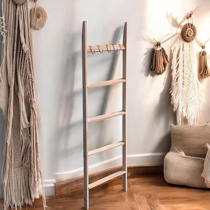 Emir&Odin Blanket Ladder – 5 Tier 60’’ inc Wooden Blanket Ladder, Living Room Home Decor, Wall Decorative Shelves, Livingroom Furniture (Rustic White)