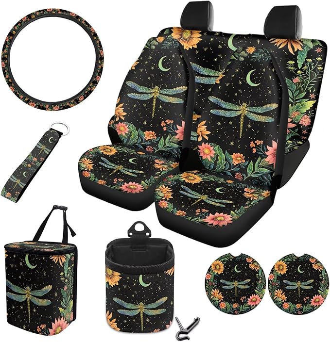Dragonfly Flower Printed Car Interior Cover Sets, Set of 10, Includes Car Front and Rear Seat Protector, 15 Inch Steering Wheel Cover, Coaster, Trash Can, Air Vent Storage Bag, Keychain