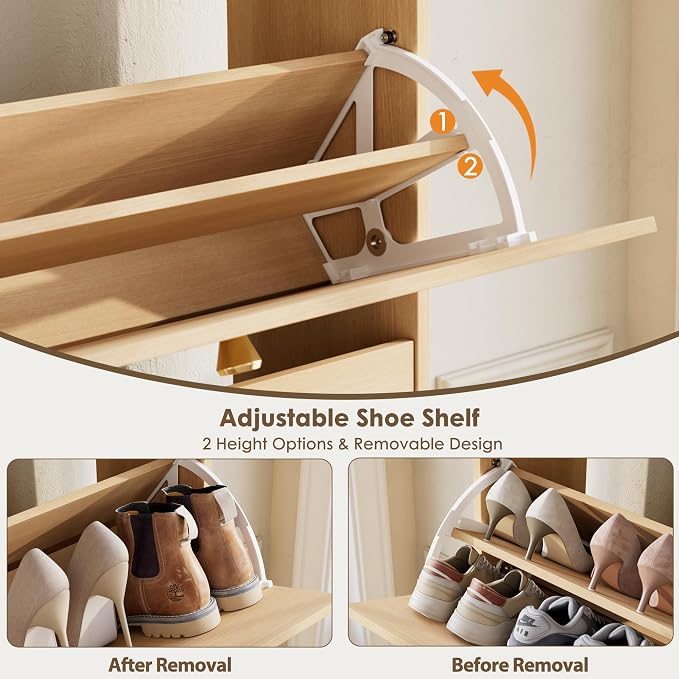 Nicetree Shoe Storage Cabinet with 2 Flip Drawers, Slim Shoe Cabinet, Hidden Shoe Rack Cabinet, Shoe Storage Cabinet for Entryway, Hallway, Foyer, Natural Oak