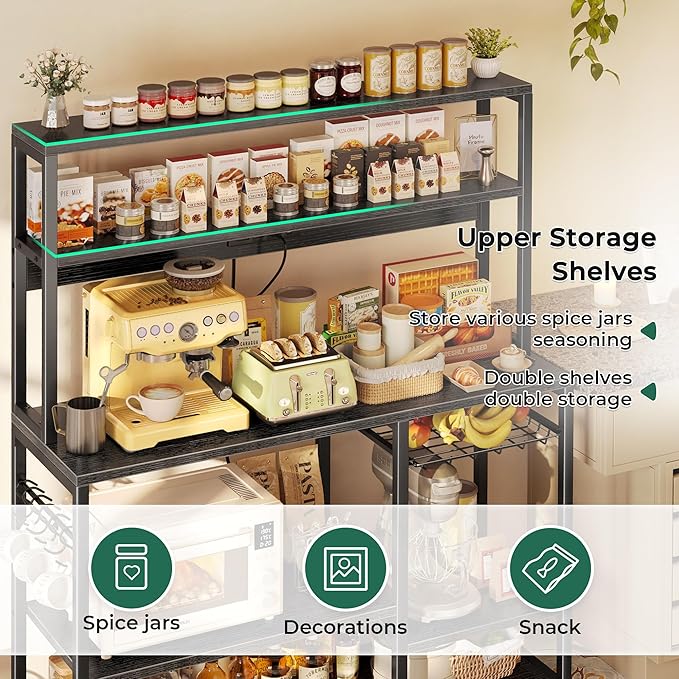 SUPERJARE Bakers Rack with Power Outlet, 47.2 Inches Coffee Bar with Wire Basket, Kitchen Microwave Stand with 6 S-Shaped Hooks, Open Storage Shelves, Black