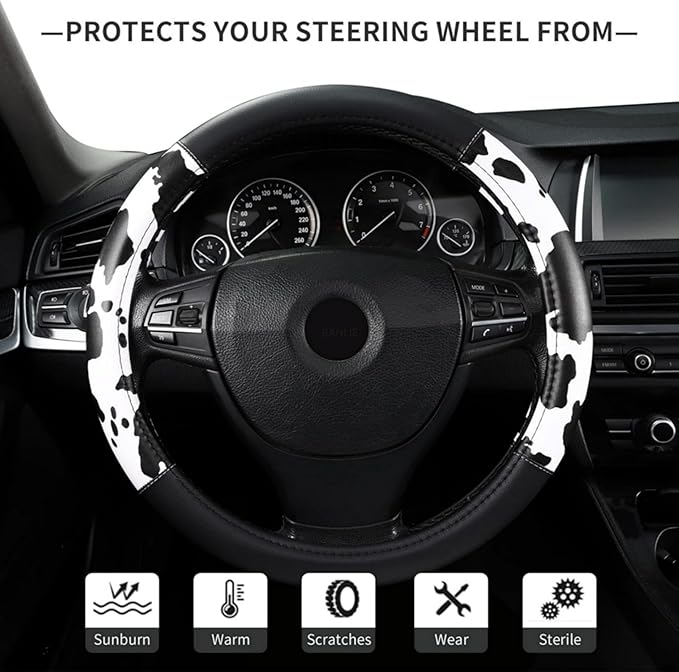 Cow Print Steering Wheel Cover, Microfiber Leather Cute Breathable Anti Slip Universal 14.5-15 inch Car Interior Accessories for Women Men, Black White