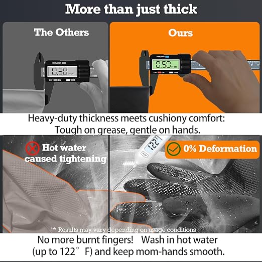 Heavy-Duty Thick Black Rubber Cleaning Gloves, 3 Pairs, L | Reusable & waterproof black/orange dual layers. Non-slip design for dishwashing, kitchen cleaning, and auto care.