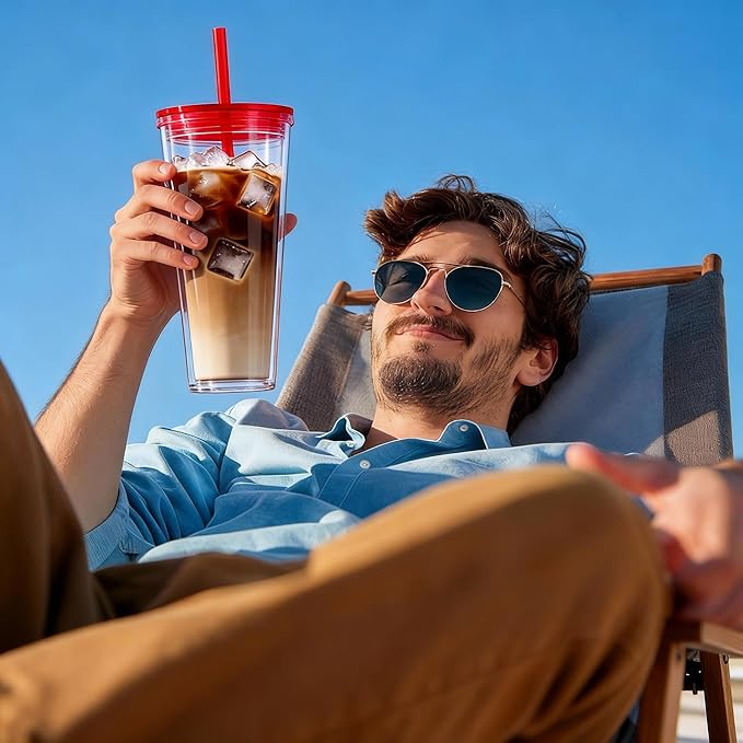 24oz Tumbler with Lid and Straw, Leak Proof and Double Wall Insulated Reusable Plastic Cups,Travel Reusable Iced Coffee Cup (1, Red)