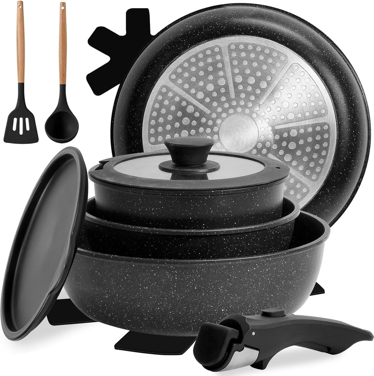 Numola 10 pcs Pots and Pan Set Non Stick with Detachable Handle, Ceramic Cookware Set for Stackable, Induction Kitchen Cookware Set for RV, Dishwasher ＆ Oven Safe, Cream White