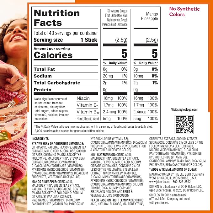 Dunkin’ Refreshers Singles To Go! Powdered drink mix packets, 40 Ct Variety Pack, 40 Single serve Packets per Box (40 servings), Energy from Green Tea, aspartame-free, no synthetic colors, naturally and artificially flavored, just add water