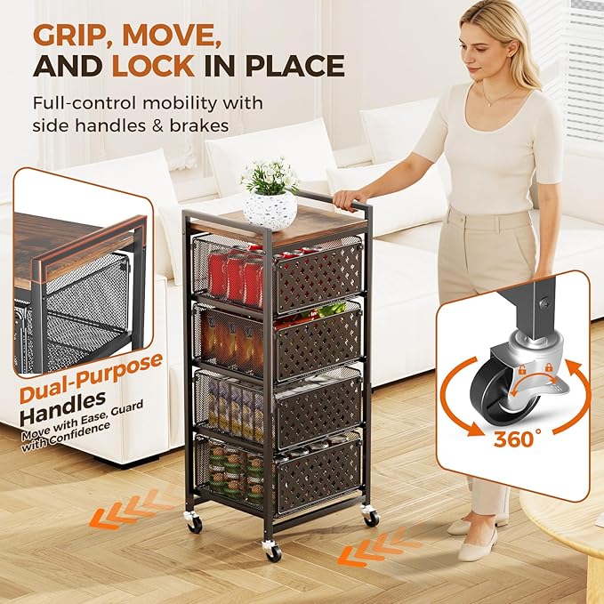 5 Tier Kitchen Storage Cart with Wheels, Utility Fruit Vegetable Storage Rack Stand with Pull-Out Baskets & Wood Top, Metal 4-Drawers Rolling Snack Cart, Kitchen Cart for Potato Onion(Black)