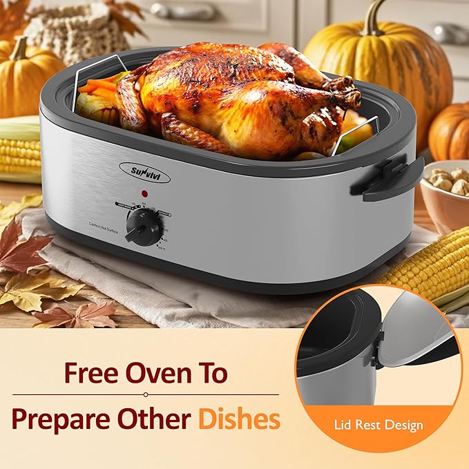 Sunvivi Electric Roaster,20 Quart Roasting Oven with Self-Basting Lid Removable Pan,Turkey Roaster Oven with 150 to 450F Temperature Control Cool-Touch Handles,Silver