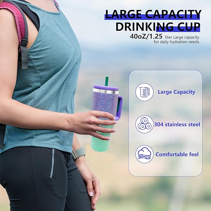 40-OZ Insulated Water Bottle,Insulated Stainless Steel Tumbler,Reusable Cold Drink Thermos,BPA-Free, Double-Wall Stainless Steel Water Bottle (Purple Green Gradient-Diamond, 40, Fluid Ounces)