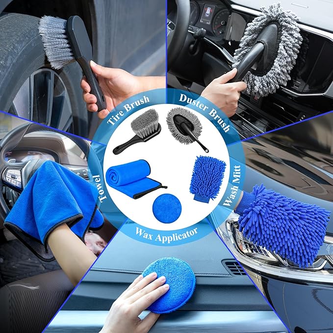 AUTODECO 34Pcs Car Detailing Brush Set, Car Detailing Kit, Auto Detailing Drill Brush Set, Car Detailing Brushes, Car Wash Cleaning Tools Kit for Interior, Exterior, Wheels, Blue
