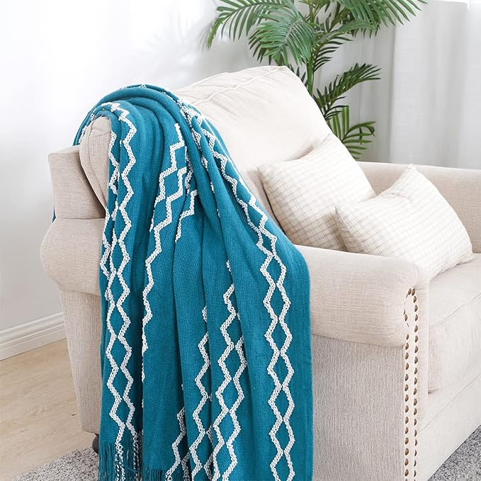 BOURINA Fluffy Chenille Knitted Fringe Throw Blanket Lightweight Soft Cozy for Bed Sofa Chair Throw Blankets Teal 60" x 80"