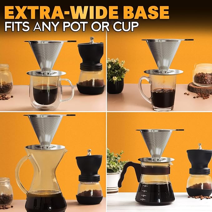 Pour Over Coffee Dripper - 3.18x4.48" Stainless Steel Pour Over Coffee Maker with Large Plastic Handle, Wide Secure Base and a Brush for Cleaning - Ensures Well-Balanced and Reach Tea Infuser