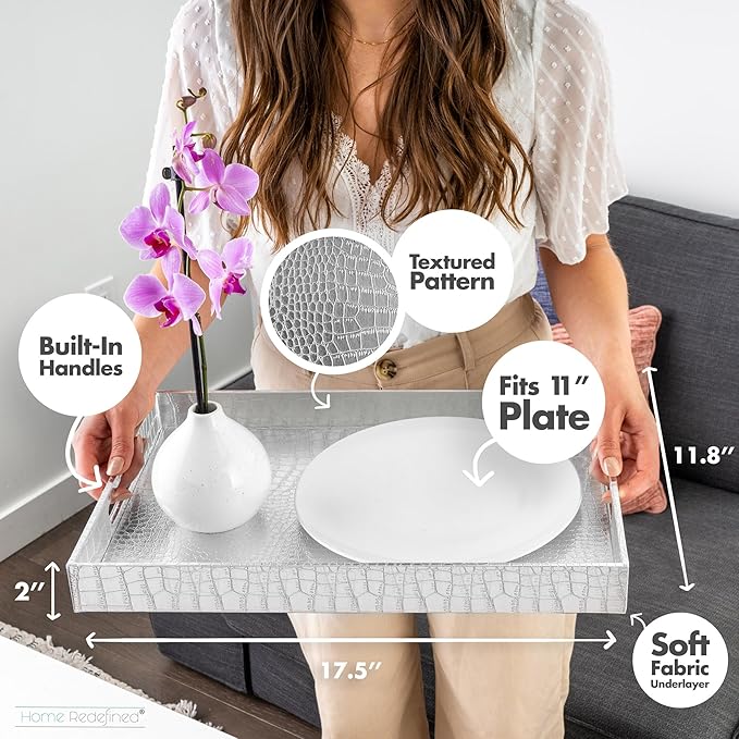 17.5"x12" Silver Glossy Crocodile Faux Leather Serving Tray Beautiful Modern Elegant Decorative Tray with Handles Ottoman Coffee Table Ottoman Perfume Makeup Display for All Occasion's