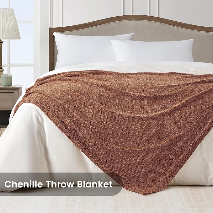 BOURINA Chenille Throw Blanket for Couch Sofa Chair Bed Home Decoration, Soft Warm Cozy Blanket for All Season（50" x 60", Coral）