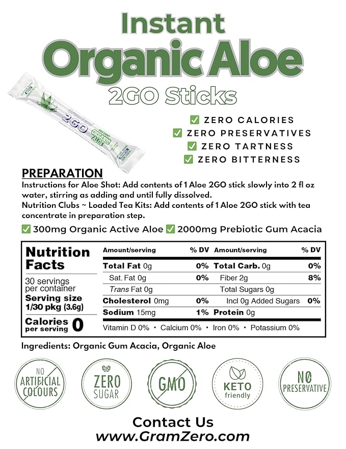GramZero 2GO Sticks - Organic Aloe: Unflavored, Great for Nutrition Club Loaded Tea