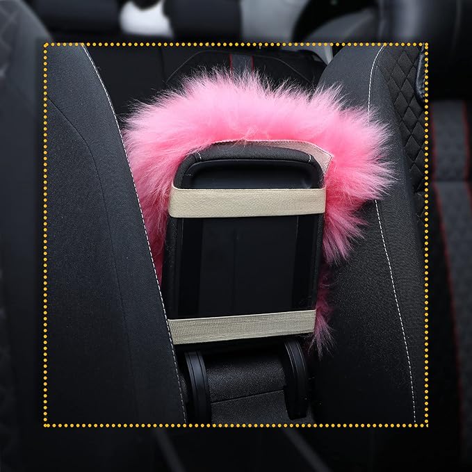 Frienda Furry Armrest Cover Auto Center Console Cover Car Soft Console Pad, Real Sheepskin Wool Soft Fluffy Auto Center Armrest Pad for Most Car Decoration Protector(Pink)