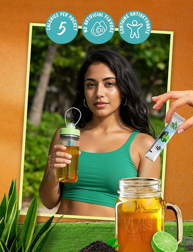 Klass Iced Tea, Powdered Drink Mix Variety Pack, 44 Singles Zero Sugar & Caffeine-Free Powder Packets, Water Drink Mix, Flavors: Peach & Lime Black Tea - 5 Calories Per Packet & Natural Flavors