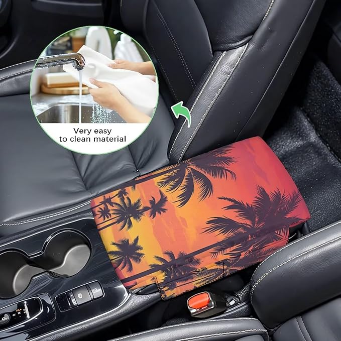 Dreaweet Palm Tree Print Center Console Armrest Cover with Side Pockets Thick Armrest Cover for Car Truck SUV Van,Soft Non-Slip Car Arm Rest Cover Pad