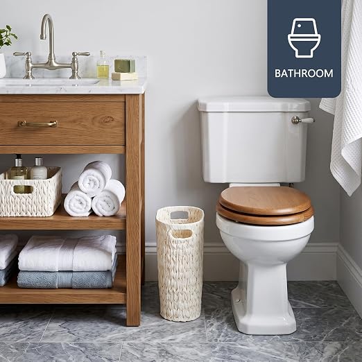 Coeusy Wicker Trash Can,Bathroom Trash Can,Waterproof Wicker Waste Basket for Bathroom,Narrow Small Waste Basket for Bedroom,Office, Cream White 5 Gallon
