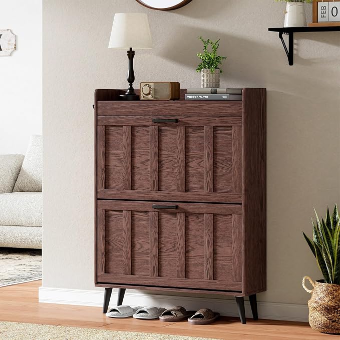ChooChoo Shoe Storage Cabinet with 2 Flip Drawers, Farmhouse Shoe Organizer Storage for Entryway, Freestanding Hidden Slim Narrow Shoe Rack Cabinet, Walnut