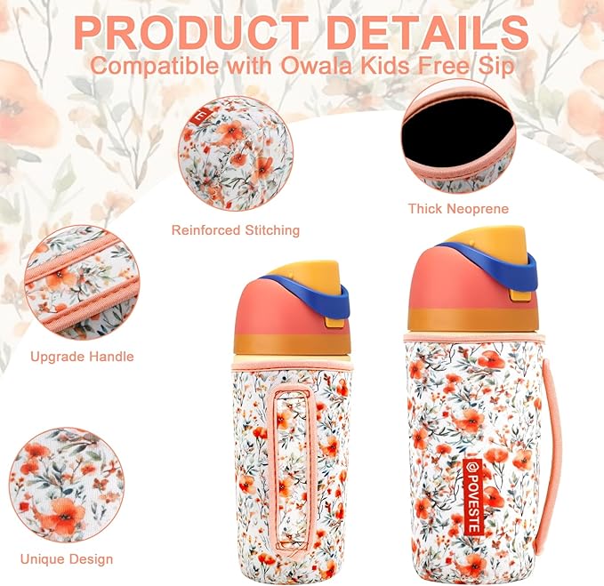 Water Bottle Sleeve with Handle for Owala Kids FreeSip 16 oz, Water Bottle Scratch Resistant Sleeve, Neoprene Cover Compatible with Owala 16 oz for Boys Girls to School Travel
