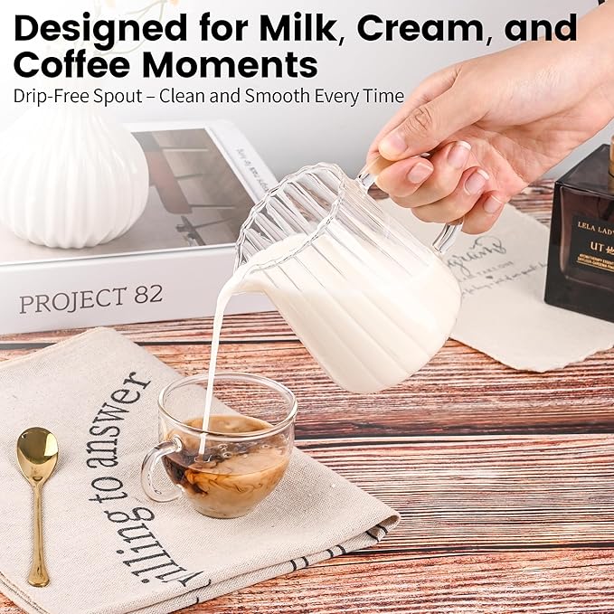 8.5 Ounces Glass Pitcher Small Pitcher Milk Forther Cup Mini Creamer Container Tea Serving Carafe Heat Resistant Breast Milk Pitchers for Coffee Bar Kitchen Essentials (1 Pack)