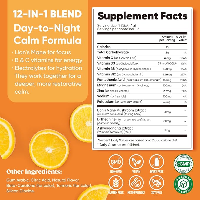 Venture Pal Calm Drink Mix, Cortisol Reducer and Sleep Aid with Magnesium Glycinate, Ashwagandha, L-Theanine,Vitamin D, Calm Magnesium Powder for Relax & Focus, No Sugar, Non GMO, Vegan & Gluten-Free