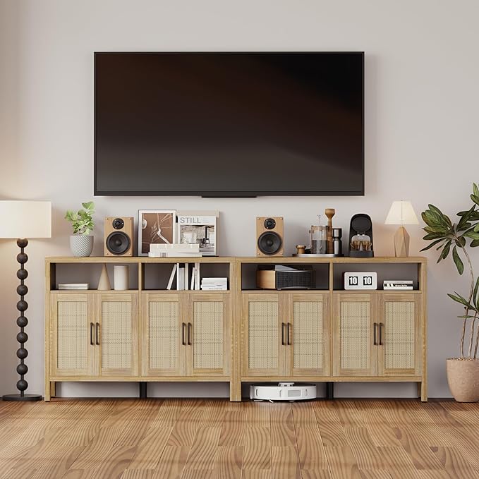 Mericonia Rattan Buffet Cabinet with Storage, Sideboard with Doors, Console Table, Farmhouse Coffee Bar, Modern Wood Storage Cabinets TV Stand(Natural 2.0)