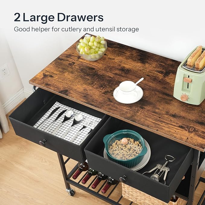 HOOBRO Kitchen Island with Storage, Rolling Island Cart for Kitchen with 2 Drawers & Outlet, 3 Tier Coffee Station and Microwave Stand, Kitchen Island Table for Home, Rustic Brown and Black FB08UZD01