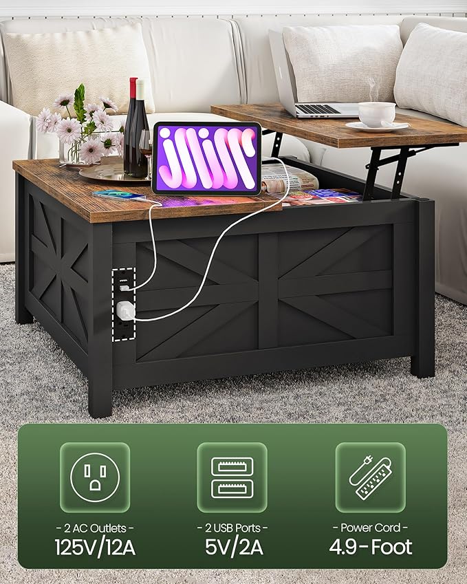 31.5" Lift Top Coffee Table, Farmhouse Coffee Table with Charging Station and Storage, 2 AC Outlets and 2 USB Ports, Black and Rustic Brown MKF02UBFN1