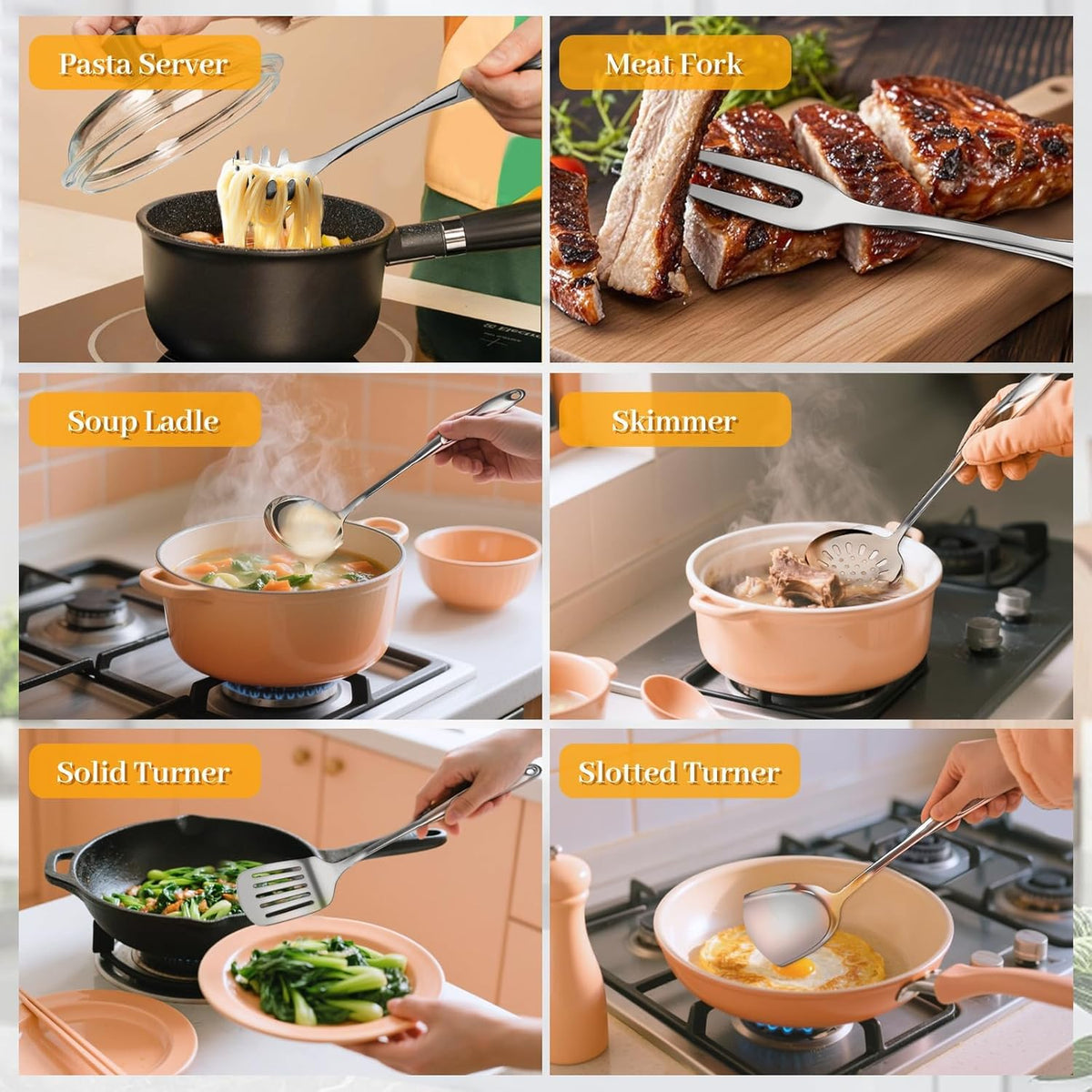 Stainless Steel Cooking Utensils Set - 6 Piece Kitchen Utensils Set, One Piece Seamless Handle Stainless Steel Utensils with Hanging Hole, Dishwasher Safe