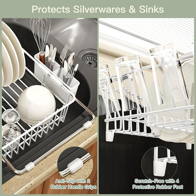 MAJALiS White Dish Drying Rack Over The Sink with Utensil Holder, Mat | Expandable Stainless Steel Dish Drainer for Small Kitchen, Apartment, RV, Counter Space Saving, Perfect Fit, Rustproof