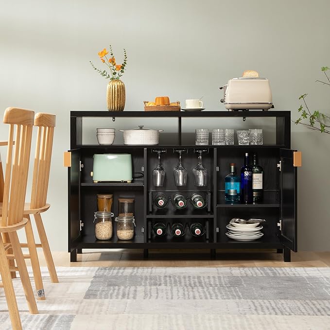 SICOTAS Rattan Coffee Bar Cabinet, 102" Sideboard Buffet Cabinet with Storage, Modern Liquor Wine Cabinet Set of 2 Credenza Console Buffet Table for Home Living Dining Room Entryway, Black