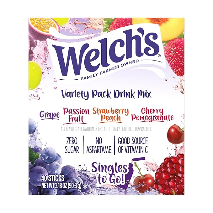 SINGLES TO GO! Welch's Powdered Drink Mix Variety Pack - 40ct, 4 Delicious Flavor in Each Box, Grape, Passionfruit, Strawberry Peach and Cherry Pomegranate (Pack of 2)