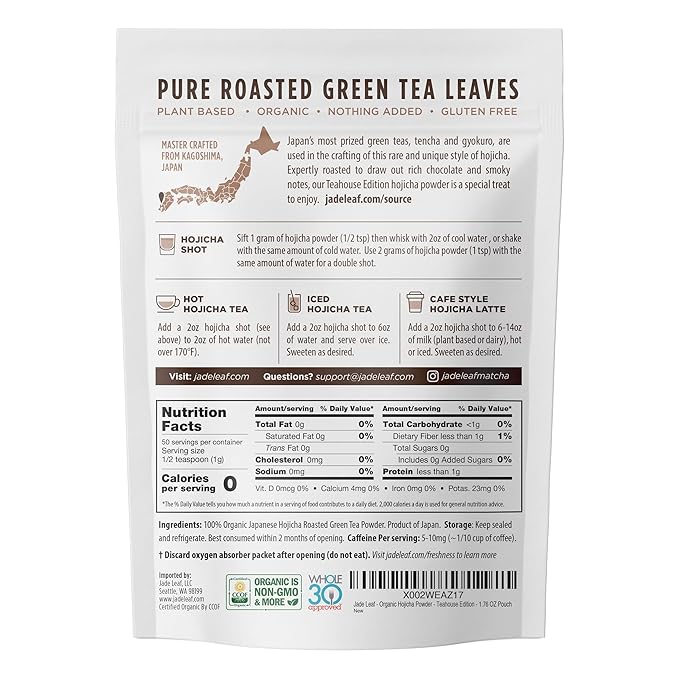 Jade Leaf Matcha Organic Japanese Hojicha Powder, Roasted Matcha Green Tea Powder - Teahouse Edition - Authentic Japanese Origin (1.76 Ounce Pouch)