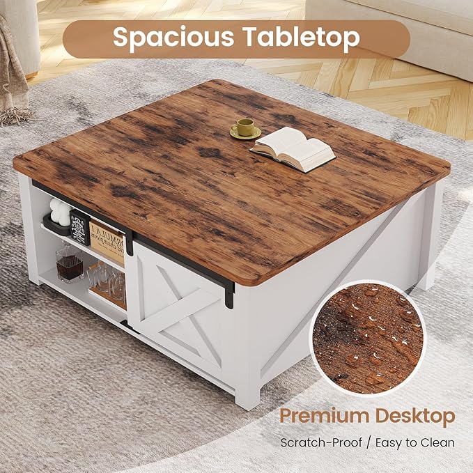 SEDETA 31.5" Lift Top Coffee Table with Storage, Square Coffee Tables for Living Room, Farmhouse Coffee Table with Large Hidden Storage Compartment and Adjustable Shelves, White