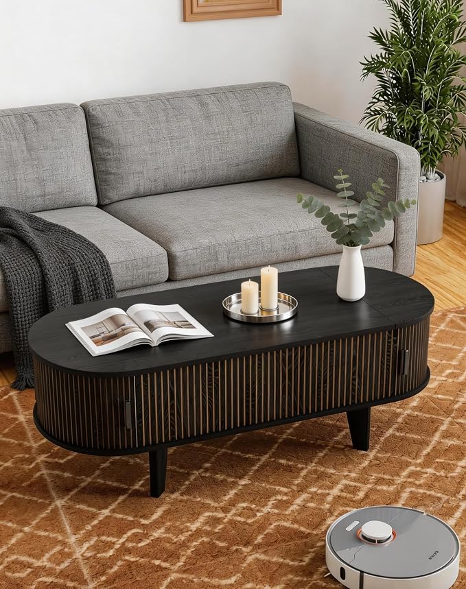 Oval Coffee Table with Storage, 47.2" Fluted Lift Top Coffee Table with 180° Sliding Tambour Door, Mid Century Modern Center Table for Living Room, Office, Cafe, Black