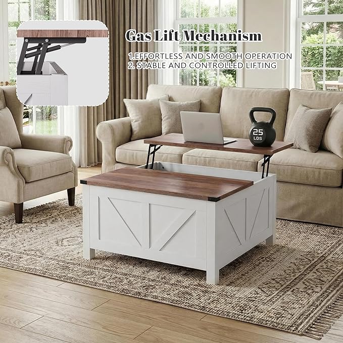 35” Farmhouse Coffee Table with Large Storage, Rustic Wood Lift Top Coffee Table for Living Room, Square Center Table with Charging Station&USB, Modern Port Pottery Barn Lift top Table