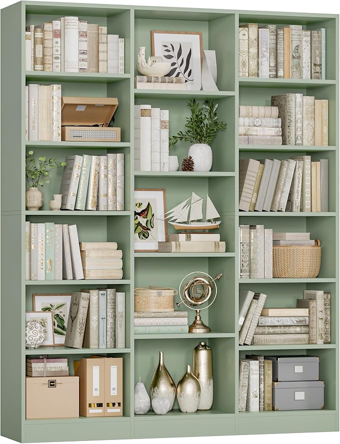 FACBOTALL Triple Wide Bookshelf, 6 Tier Large Bookshelf, Bookcase with 17 Open Display Shelves, 74'' Tall Bookcases and Bookshelves for Living Room, Home Office, Library, Green
