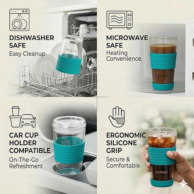 Double Wall Glass Tumbler with Lid, Glass Travel Mug, Dishwasher Safe & Microwavable Clear Coffee Tumbler To Go, Reusable Ceramic Cup with Lid (Bright Aqua, 16oz)
