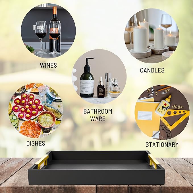 Leather Serving Tray with Gold Polished Metal Handles, Home Decorative Wooden Rectangle Ottoman Decor Platter Bathroom Vanity Tray for All Occasions Black