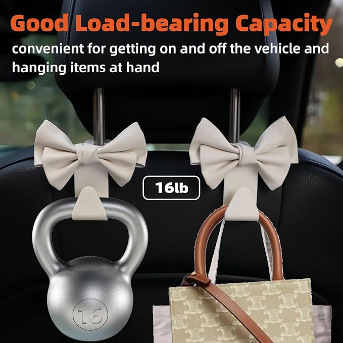 2PCS Car Seat Headrest Hooks, Cute Bow Shaped Car Purse Hook, Backseat Storage Hooks for Purses, Coats, Car Accessories (white)