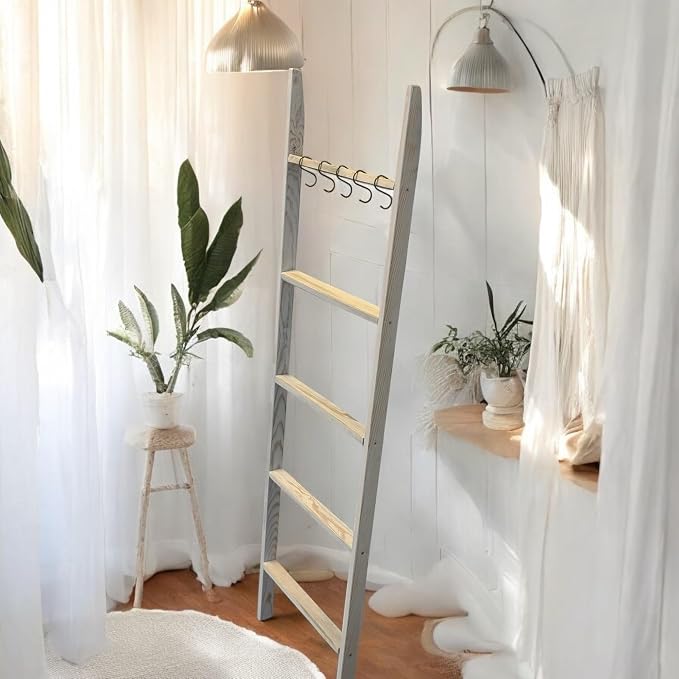 Emir&Odin Blanket Ladder – 5 Tier 60’’ inc Wooden Blanket Ladder, Living Room Home Decor, Wall Decorative Shelves, Livingroom Furniture (Rustic White)