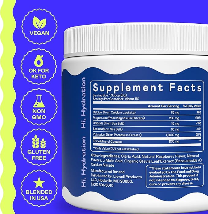 Hi-Lyte K1000 Blue Raspberry Electrolytes Powder, 50 Servings - 1000mg Potassium + Magnesium, Sodium, Trace Minerals - 0 Carbs, 0 Sugar