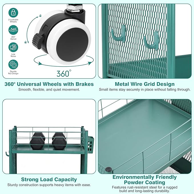 3-Tier Rolling Storage Cart Metal Utility Cart with Wheels, Office Organizer with Hanging Cups, Hooks, Book Snack Craft Mobile Shelving Unit for Office Kitchen Nursery