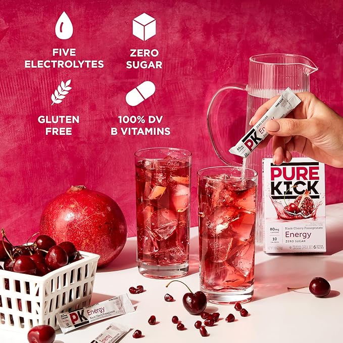 PURE KICK Energy Singles To Go Drink Mix, Black Cherry Pomegranate, Includes 12 Boxes with 6 Packets in each Box, 72 Total Packets