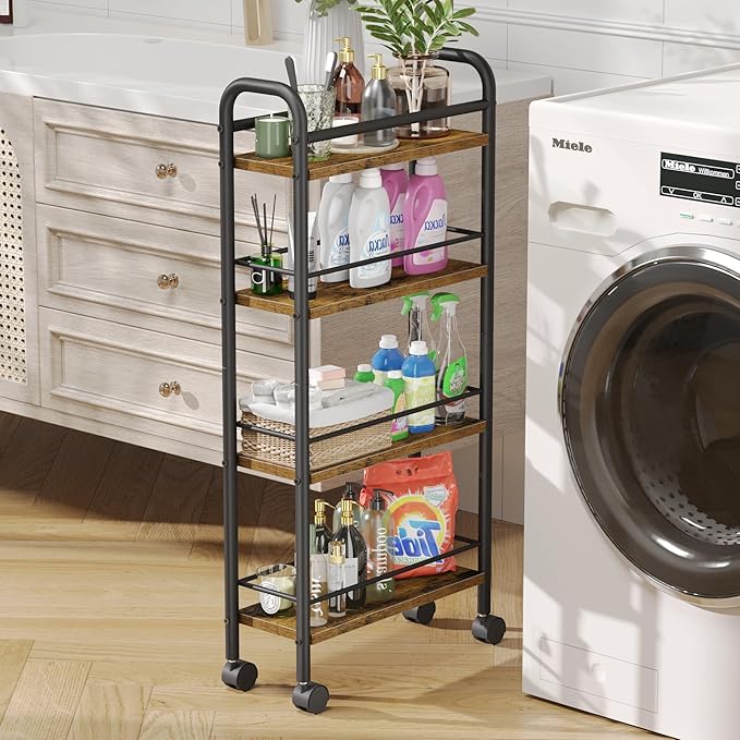 Slim Storage Cart, 4-Tier Small Rolling Cart with Wheels, 5.9" Deep, Narrow Bathroom Shelf Trolley for Kitchen, Bathroom, Laundry Room, Rustic Brown Standard 4-Tier (5.9" W x 33.6" H)